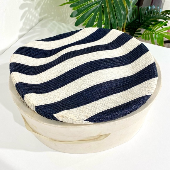 Authentic Vintage Chanel Navy and White Striped Saucer Hat w Box - Picture 6 of 11